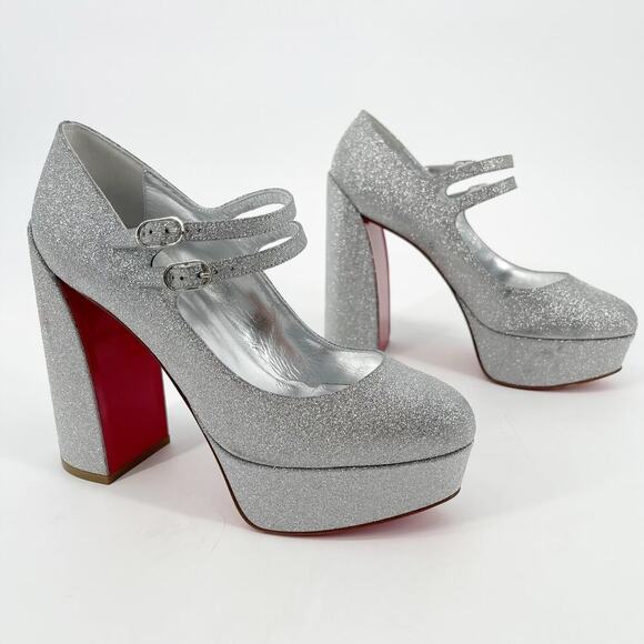 Christian Louboutin Silver Glitter Movida Jane Platform Mary Jane Pump EU 38.5 - Picture 1 of 15